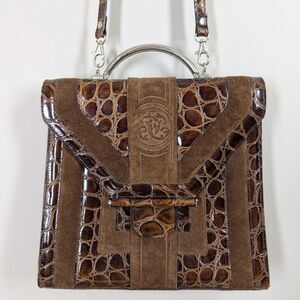 Vintage Italian Leather Purse – Embossed Croc & Suede – Metal Handle – Made in I